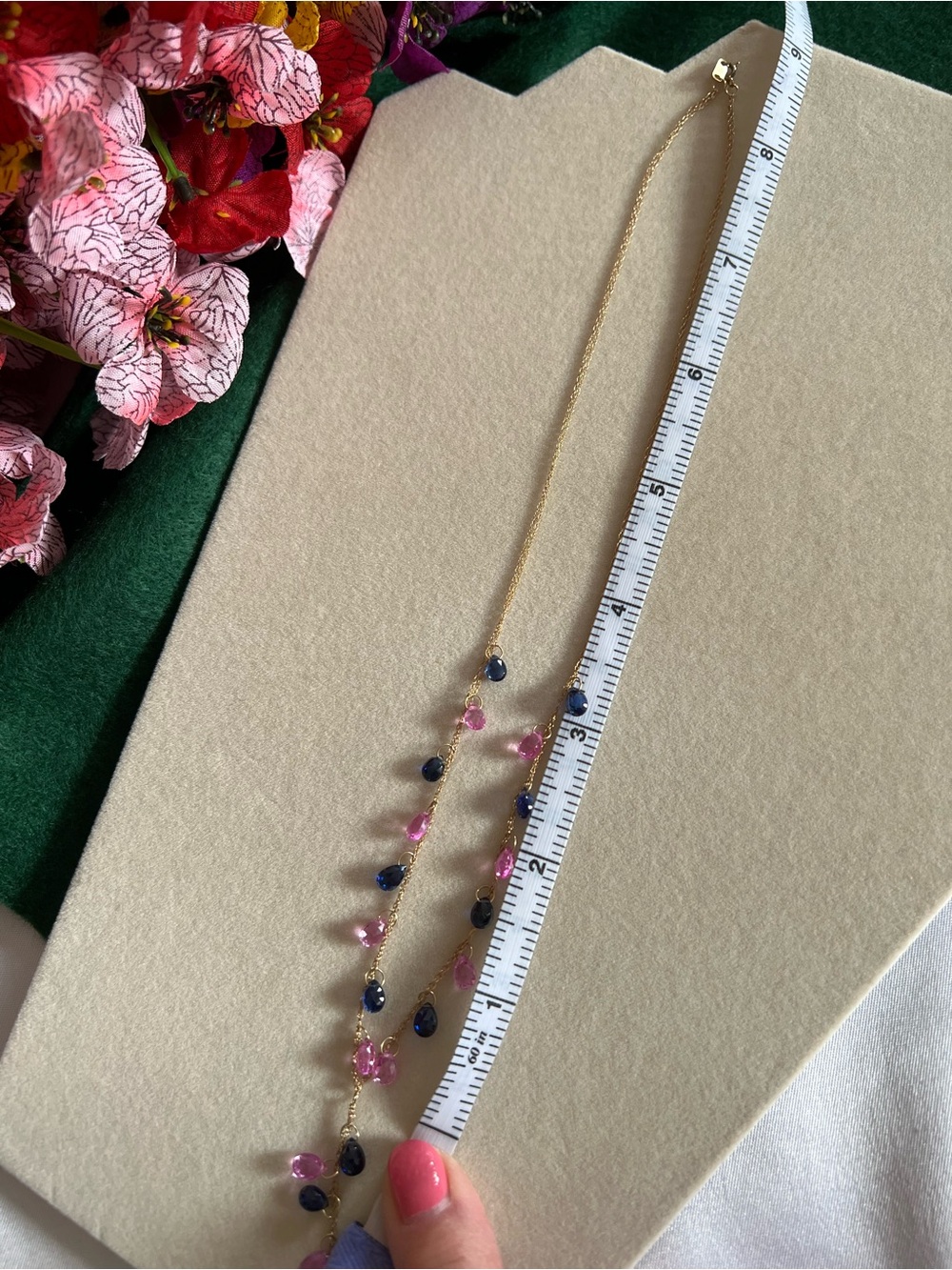 Vintage 10k Solid Gold Pink & Blue Sapphire Briolette Necklace and Earrings Set - Picture 12 of 14